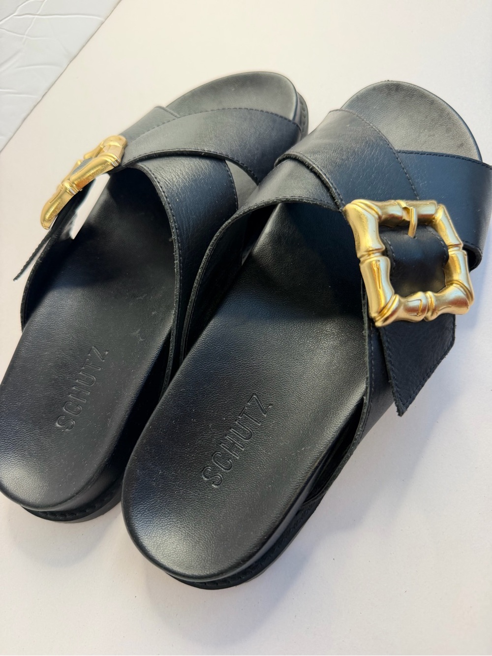 Schutz Ebola Black Leather Slide Sandals with Gold Bamboo Buckle size 8 - Picture 11 of 12